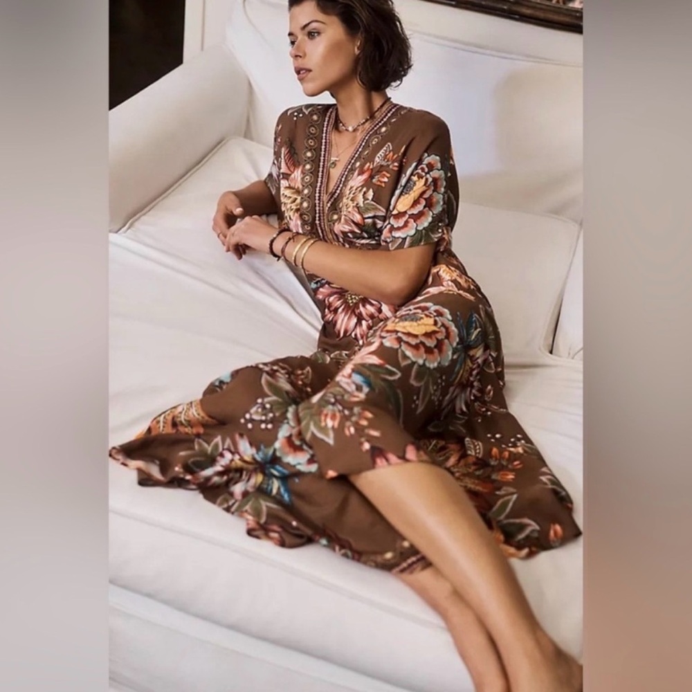 FARM RIO Anthropologie Valentina Women's Maxi Dress XS Brown Floral Bohemian